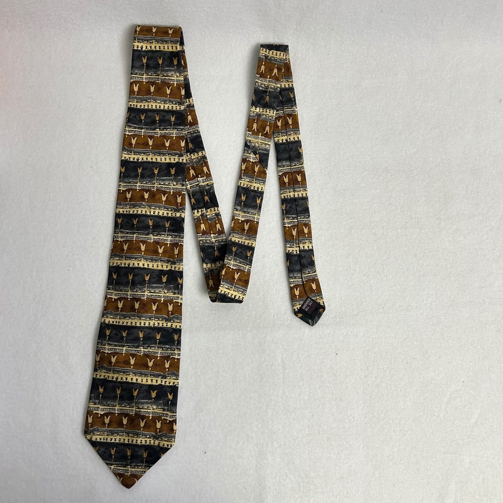 Vintage Dark Academia‎ Umberto Bossi Mens OS Brown Grey Silk Floral Striped Tie